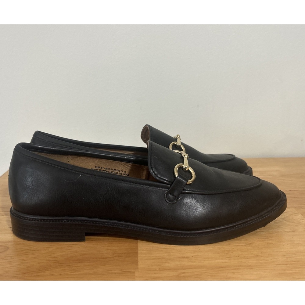 H&M Black Leather Gold Horse Bit Loafers Women 41 US9.5  Preppy Classic Money